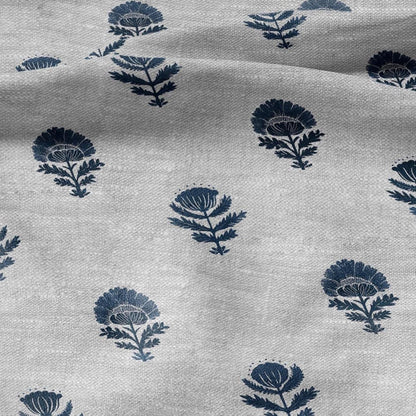 100% LINEN Fabric blue flower -  indian floral block print on oatmeal linen for home decor sewing dress clothing 2916