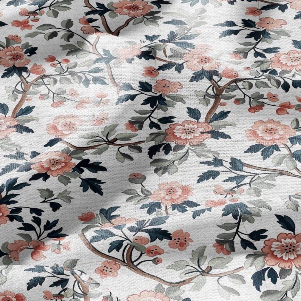 100% LINEN Fabric pink Roses Gulab flower print - botanical upholstery home textile artisan fabrics pink green white 2750