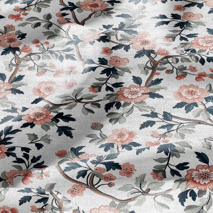 100% LINEN Fabric pink Roses Gulab flower print - botanical upholstery home textile artisan fabrics pink green white 2750