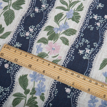 100% LINEN Fabric floral stripe print - mediterranean fabric print navy blue green pink Clematis - linen fabric upholstery dress making 2202