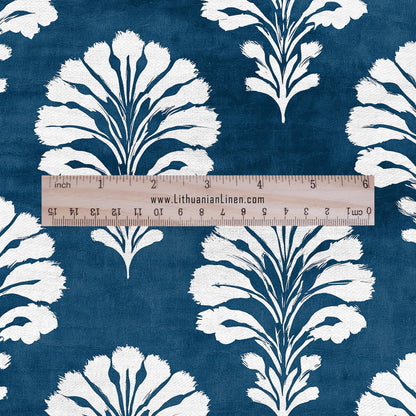 100% LINEN Fabric floral print - indigo blue white stripe block print linen - 2823 - heavy for upholstery home decor - medium for dress making