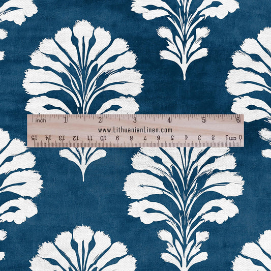 100% LINEN Fabric floral print - indigo blue white stripe block print linen - 2823 - heavy for upholstery home decor - medium for dress making
