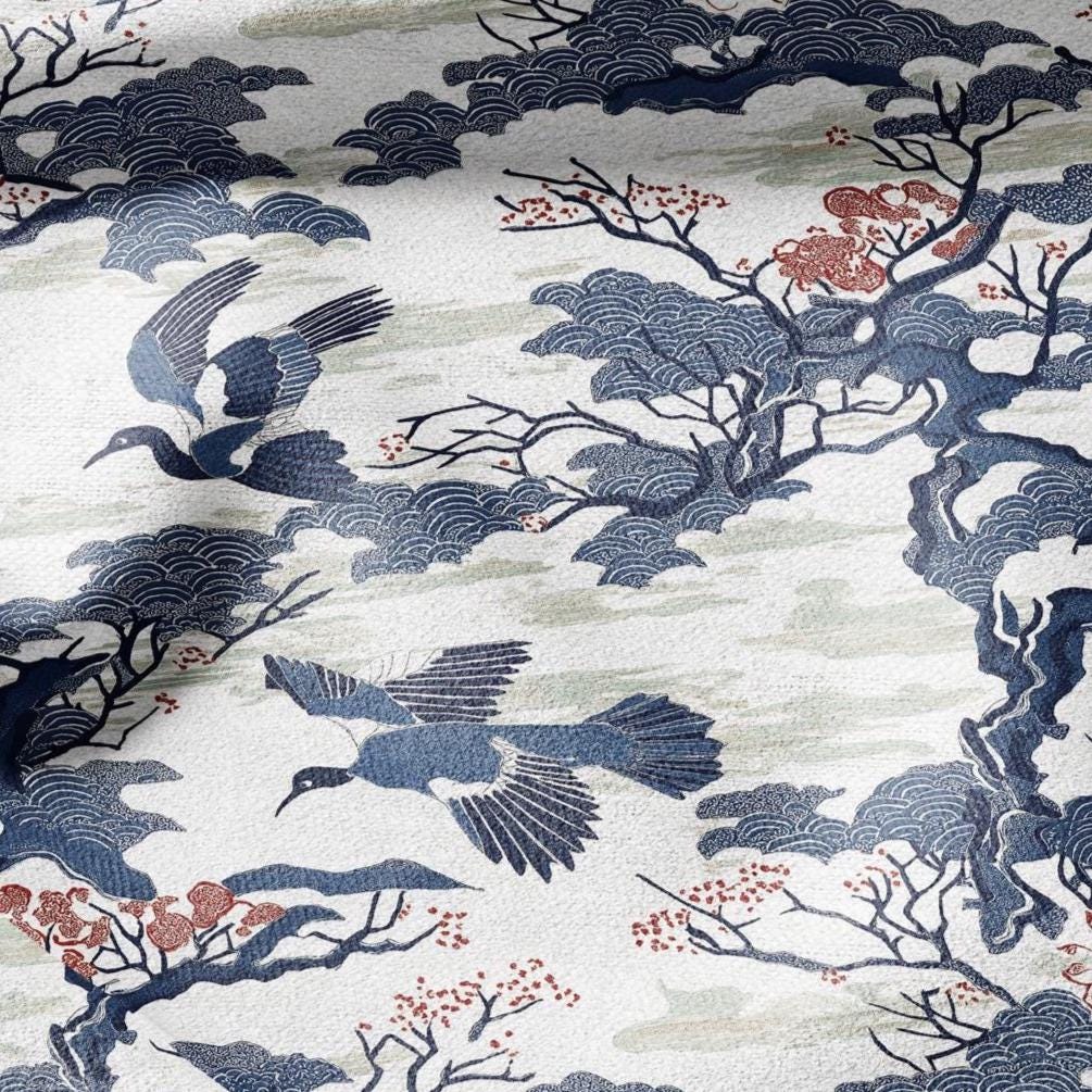 100% LINEN Fabric Cranes print - animal linen fabric with bird print for upholstery home decor curtains pillowcases dress making 2789