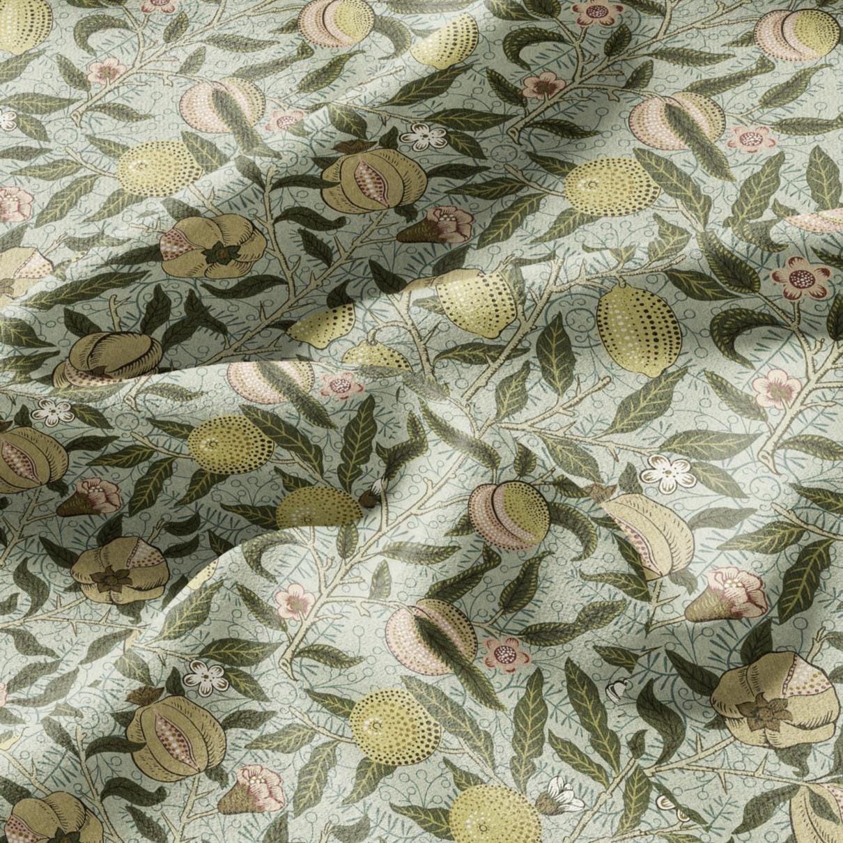 William Morris Fruits 100% LINEN Fabric pale green - British floral upholstery - lemon Pomegranate home textile Victorian fabrics 3184