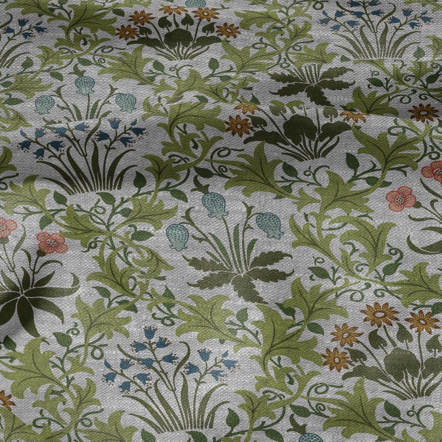 100% LINEN Fabric William Morris print Celandine - botanical green gray floral on oatmeal linen - modern vintage 3161