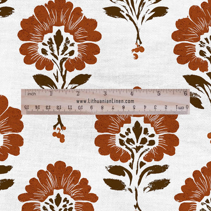 100% LINEN Fabric floral print - brown white flower block print linen heavy for upholstery home decor - medium for dress making 2827