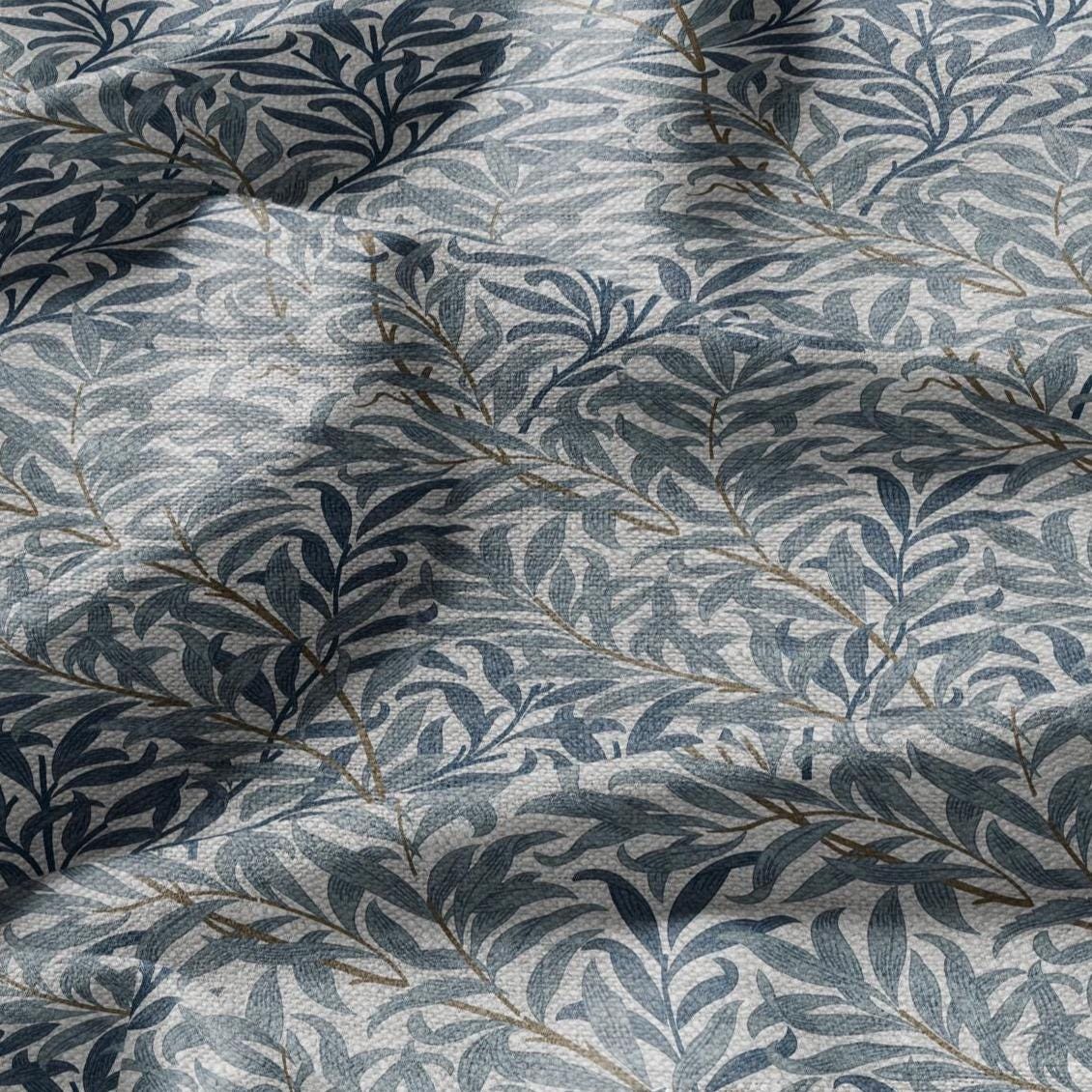 100% LINEN Fabric William Morris Bough Willow - oatmeal natur linen fabric with botanical print - Victorian Art Craft Historical blue 3195