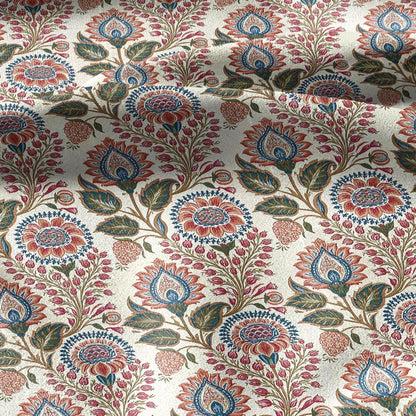 100% linen fabric Paisley floral print - Vintage pink red green botanical  - modern vintage  3414