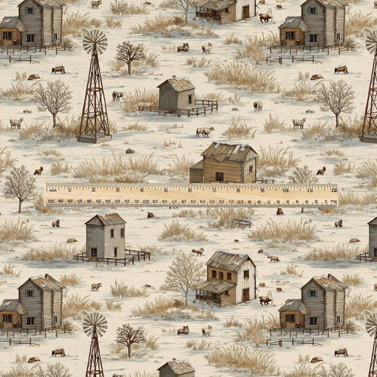 100% LINEN Fabric Farm Windmill landscpape - Modern vintage scenery Prairie - heavy linen fabric for upholstery home decor 3117