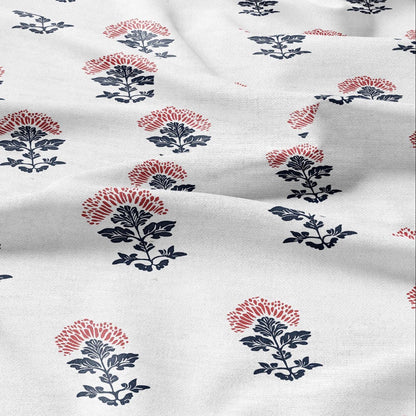 100% LINEN Fabric block print indigo blue red on white - linen fabric with floral print -heavy linen fabric for upholstery home decor