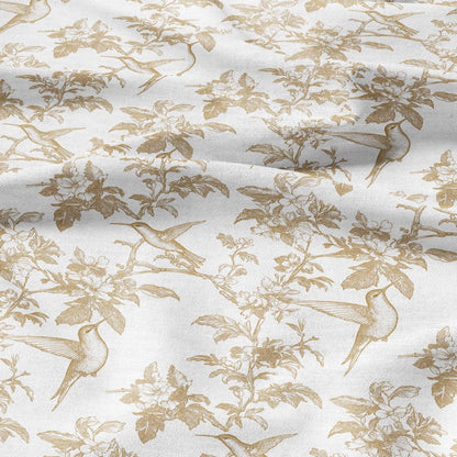 100% LINEN Fabric beige hummingbird print on white linen - floral botanical French Provence style - linen upholstery sewing dress 2040