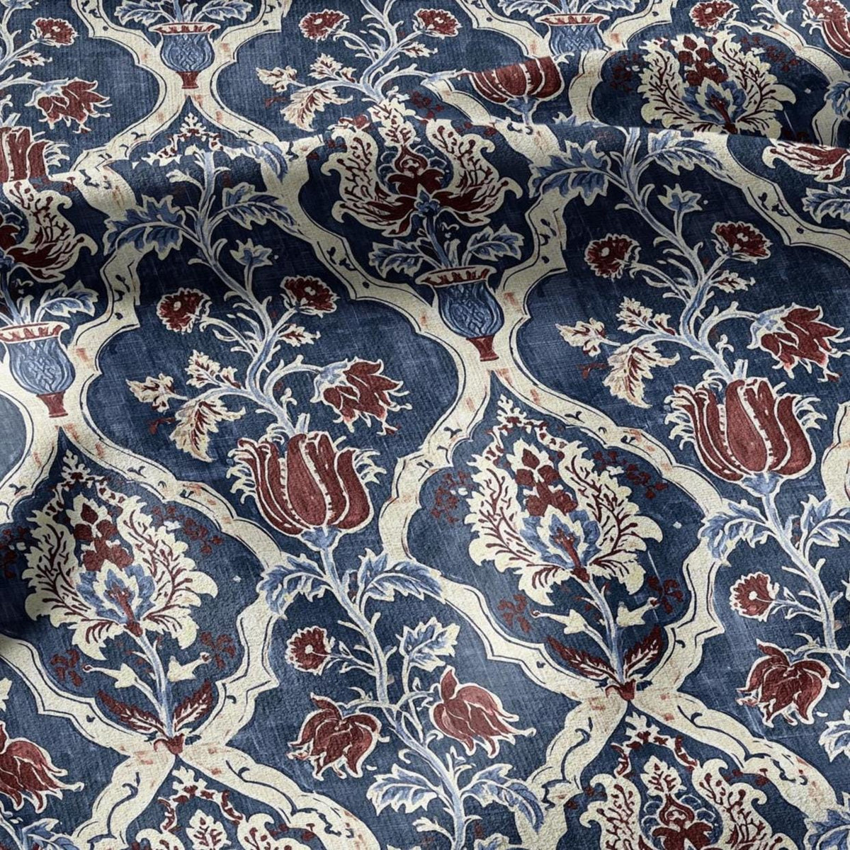 100% LINEN Fabric Indigo Garden Linen  - Hand-Drawn Floral Lattice - Indigo & Madder Floral 3424