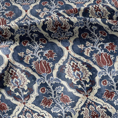 100% LINEN Fabric Indigo Garden Linen  - Hand-Drawn Floral Lattice - Indigo & Madder Floral 3424