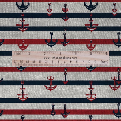 100% LINEN fabric sea stripe print - Anchor navy blue red print linen Fabric  for dressmaking home textile sewing hobby 2698