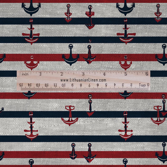 100% LINEN fabric sea stripe print - Anchor navy blue red print linen Fabric  for dressmaking home textile sewing hobby 2698