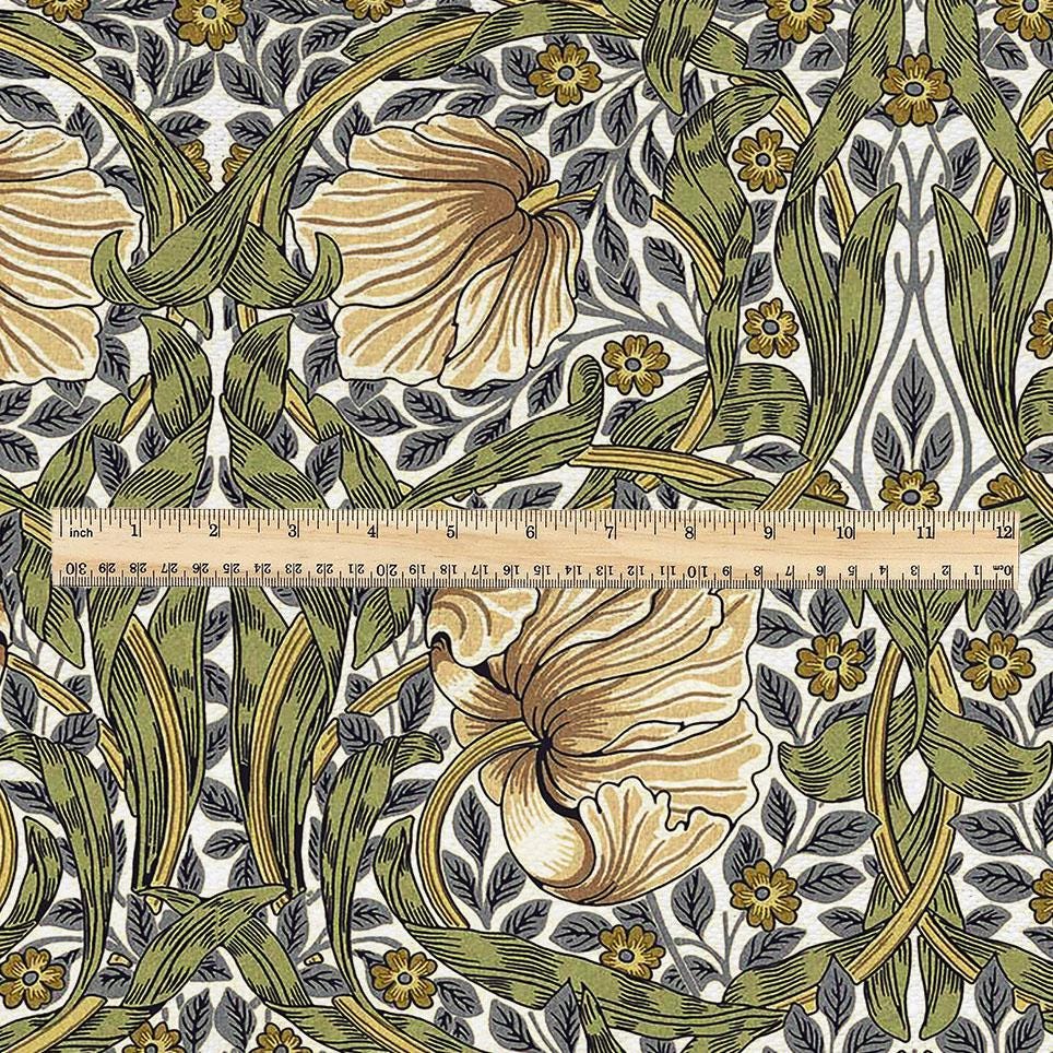 100% LINEN fabric - William Morris Pimpernel olive green beige - British Victorian Art Craft flax - sewing home decor or clothing 3816