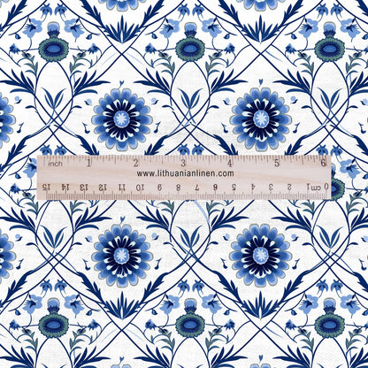 100% LINEN Fabric block print - linen fabric with blue white floral print - heavy linen fabric for upholstery home decor