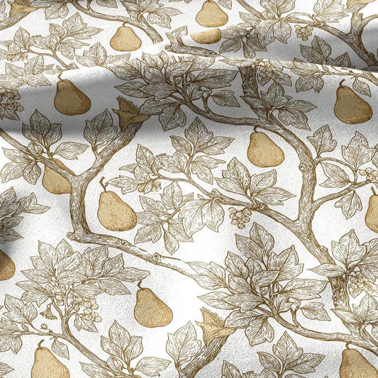 100% linen fabric Yellow pear tree print - Vintage fruits botanical - modern vintage 3398