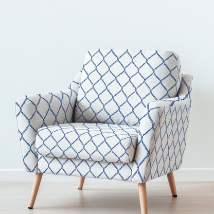 100% LINEN Fabric UPHOLSTERY 12oz - Grandmillenniar on linen - Modern vintage Victorian blue trellis upholstery 2949