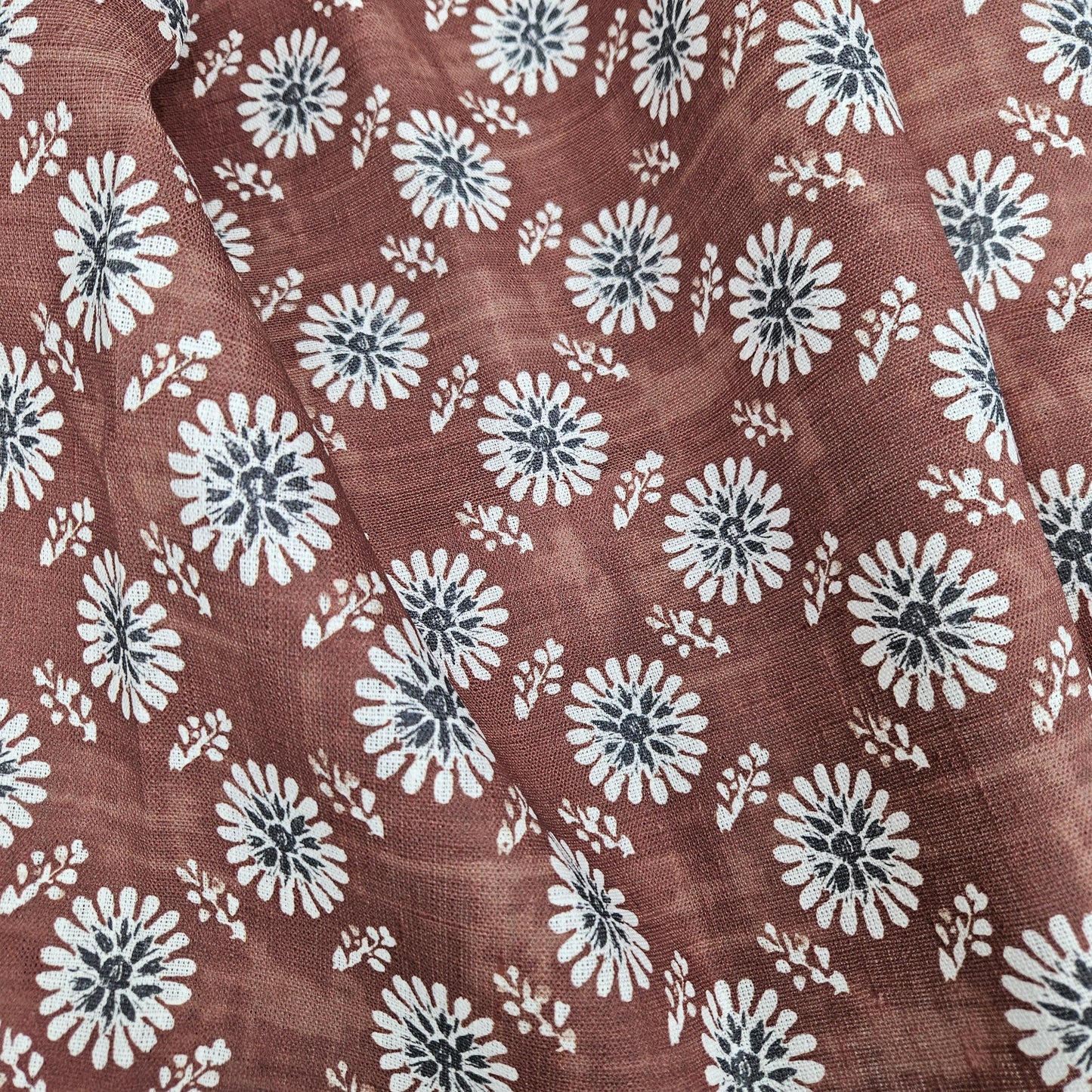 100% LINEN Fabric floral print - muddy brown white stripe block print linen heavy for upholstery home decor - medium for dress making 2808