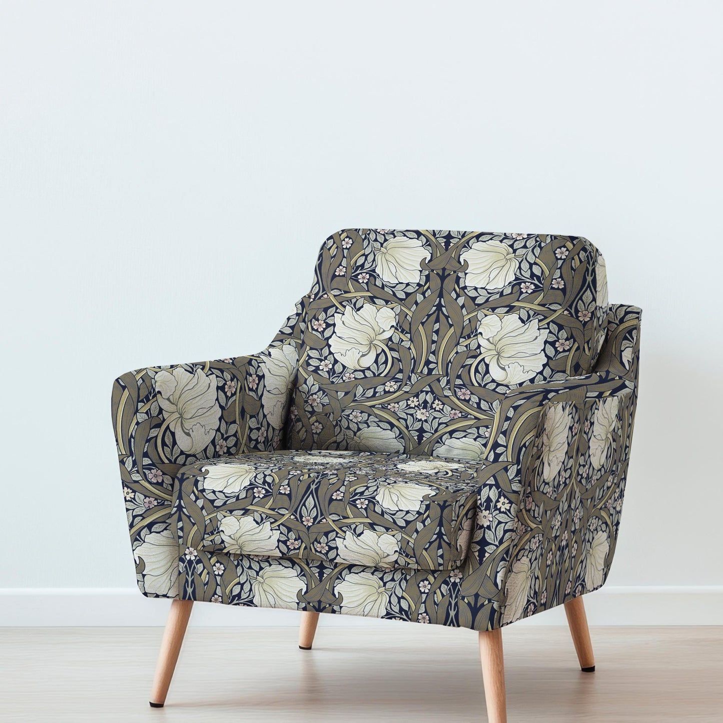 100% LINEN Fabric UPHOLSTERY 12oz - William Morris Pimpernel khaki green print on linen - Victorian art craft - floral upholstery 201K