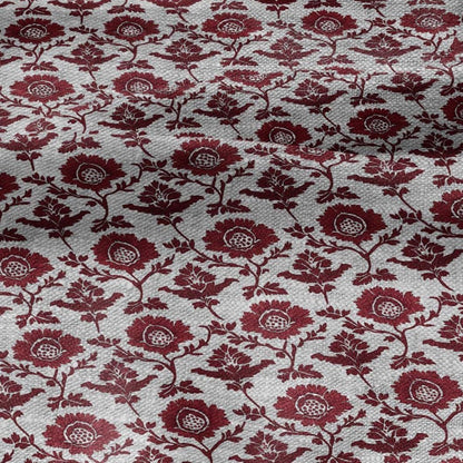 100% LINEN Fabric red flower print - floral red gray print on oatmeal linen for home decor sewing dress clothing 2198