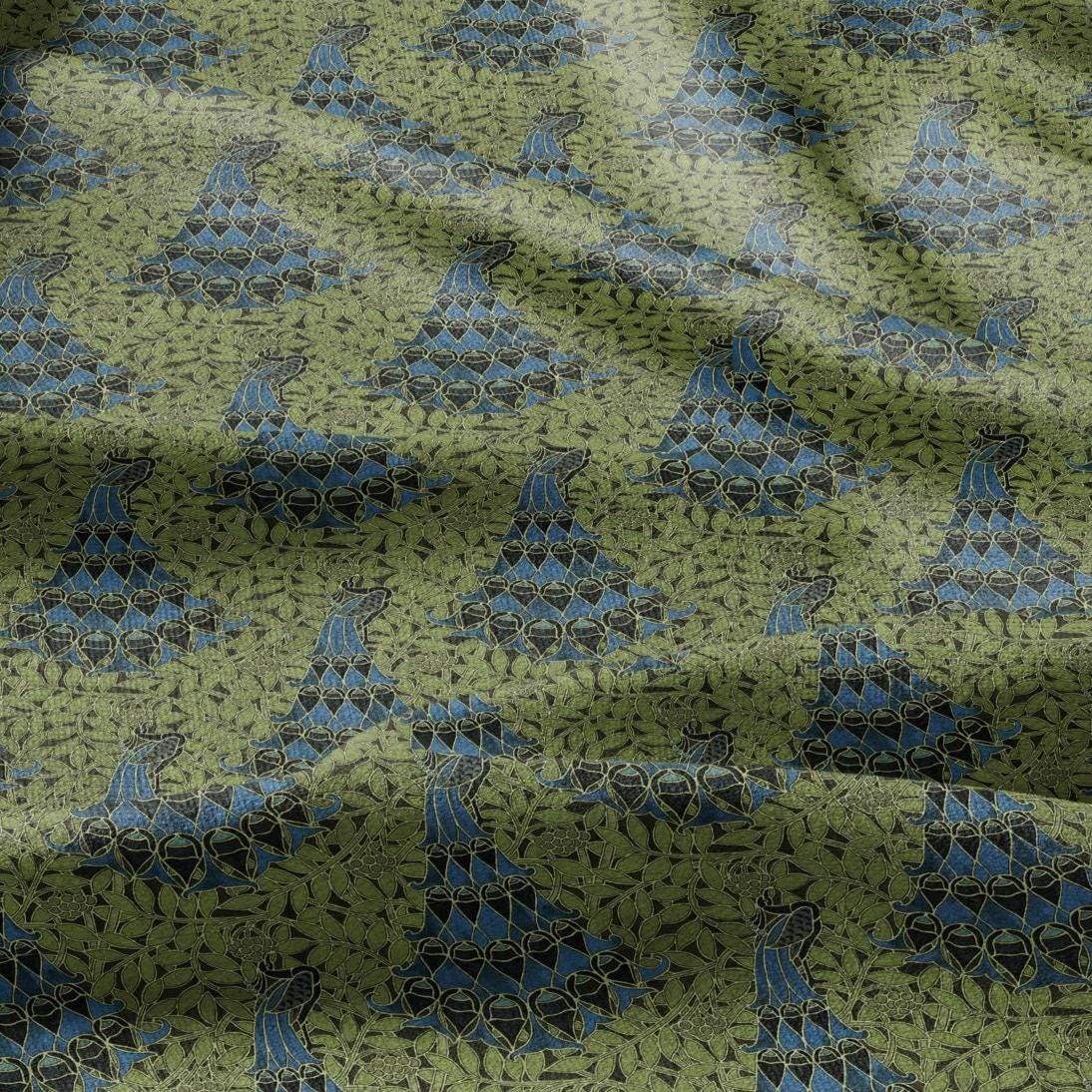 100% linen Vintage Peacock fabric for Curtain Upholstery Cushion - green blue print fabric for dress making sewing