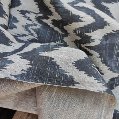 100% LINEN Fabric Abstract zigag WabiSabi , dark blue print on natural linen japandi wabi sabi linen print