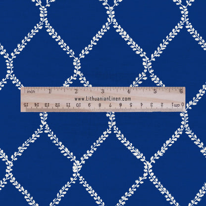 100% LINEN Fabric Herritage trellis print - Grandmillennial Modern vintage blue - upholstery curtains dress making 2951