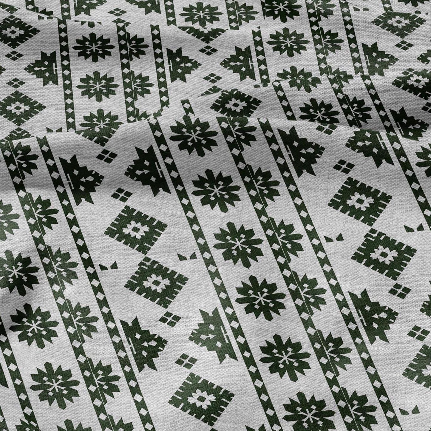 100% LINEN Fabric Ethno green stripes gray - geometric print on oatmeal linen for home decor sewign dress clothing 2822