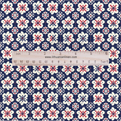 100% LINEN Fabric block print Korean Flower - red blue indigo floral print - heavy upholstery home decor - medium for clothing 2601