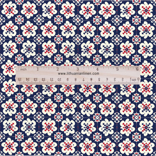 100% LINEN Fabric block print Korean Flower - red blue indigo floral print - heavy upholstery home decor - medium for clothing 2601