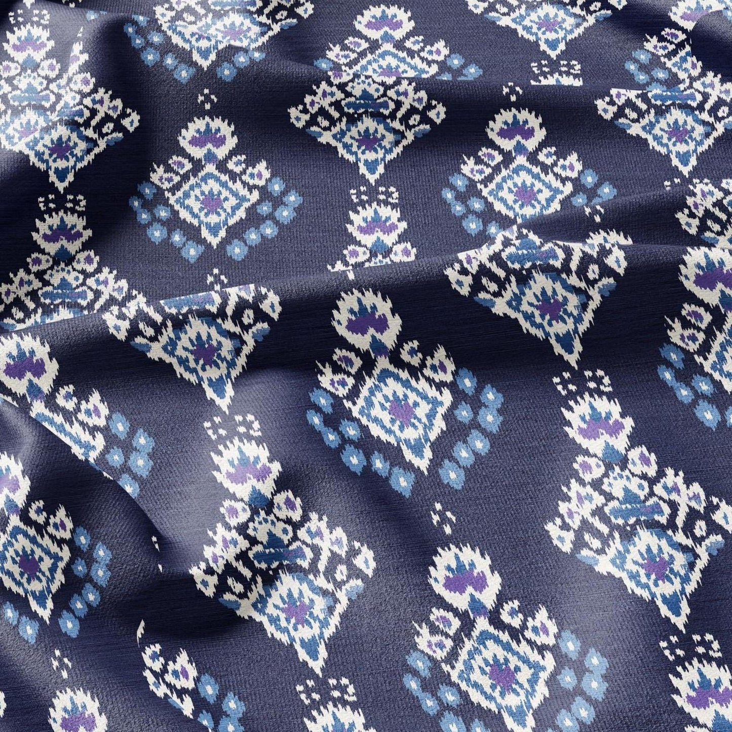 100% LINEN Fabric Ikat navy blue print - Modern vintage floral for upholstery dressmaking curtains home textile 2977