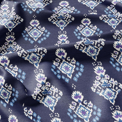100% LINEN Fabric Ikat navy blue print - Modern vintage floral for upholstery dressmaking curtains home textile 2977