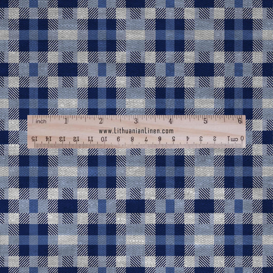 100% LINEN Fabric gingham blue print linen - indigo blue linen geometric fabric for upholstery home decor dress making 2671