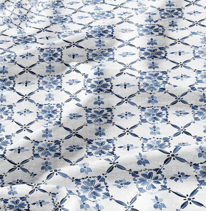 100% LINEN Fabric block print indigo blue white Swedish tile - scandinavian fabric with floral print - block print on linen