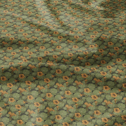 100% linen Nasturtium prints fabric for Curtain Upholstery Cushion - Art deco orange flower print fabric for dress making sewing