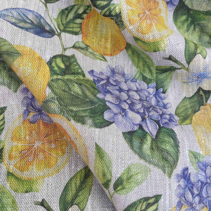 100% LINEN Fabric lemon and hydrangea print - oatmeal natur linen with citrus print - linen fabric home decor upholstery