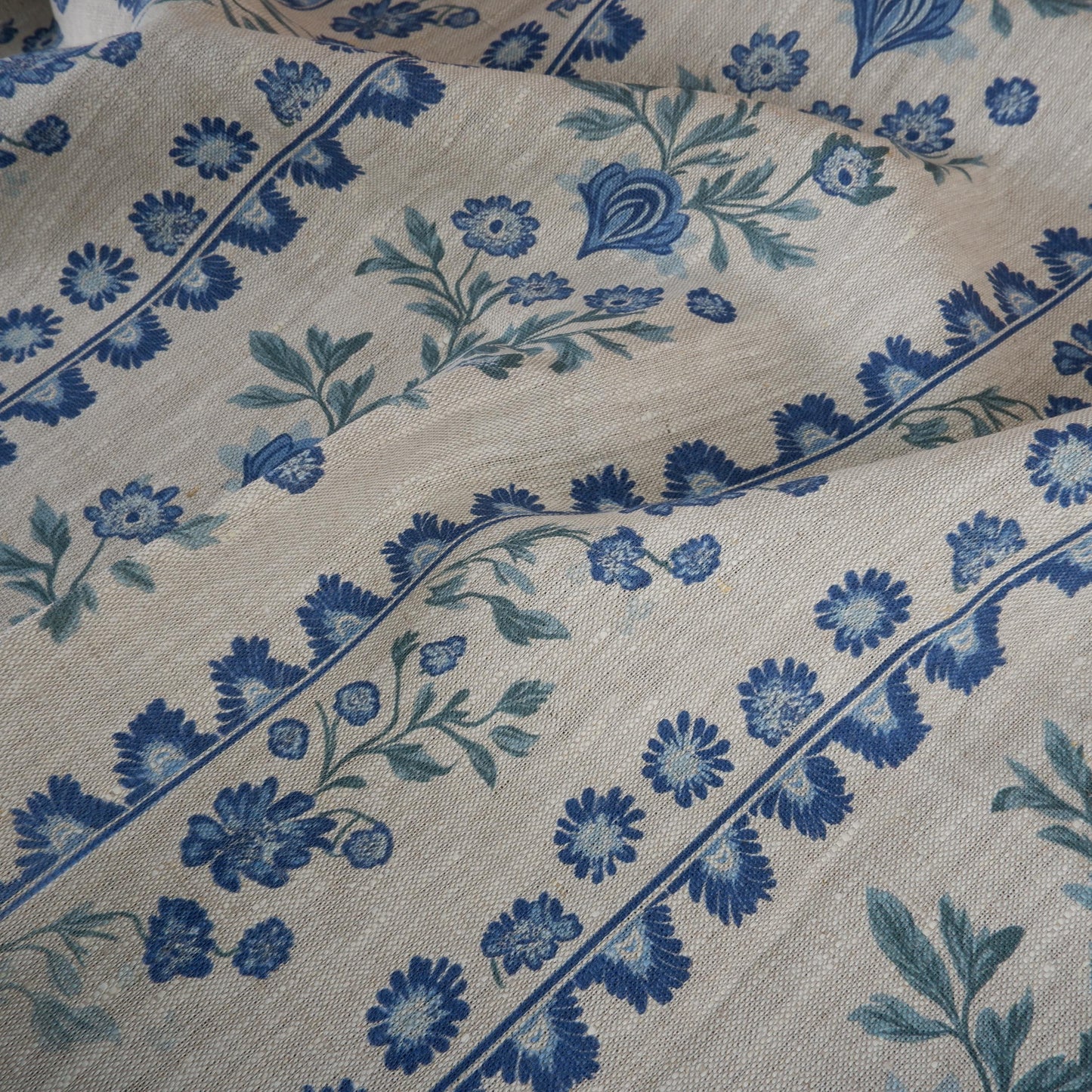 100% LINEN Fabric floral stripe print - oatmeal neutral fabric with blue green print - linen fabric upholstery home decor dressmaking 2153