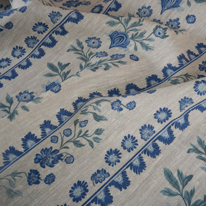 100% LINEN Fabric floral stripe print - oatmeal neutral fabric with blue green print - linen fabric upholstery home decor dressmaking 2153
