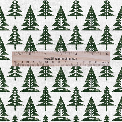 100% LINEN Fabric Fir tree  - modern green white fabric - heavy linen fabric for upholstery home decor 2845