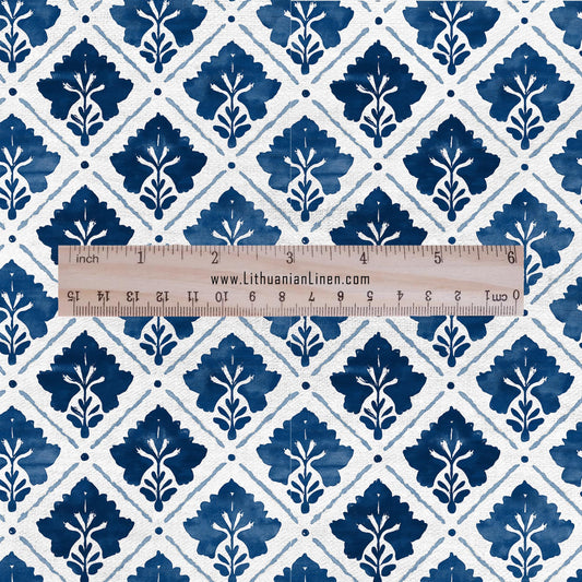 100% LINEN Fabric indigo blue floral block print - modern vintage floral linen fabric for upholstery or home decor 2806