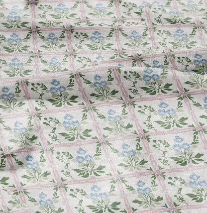 100% LINEN Fabric block green blue pink on white - linen fabric with botanical print - linen fabric for upholstery home decor dress making