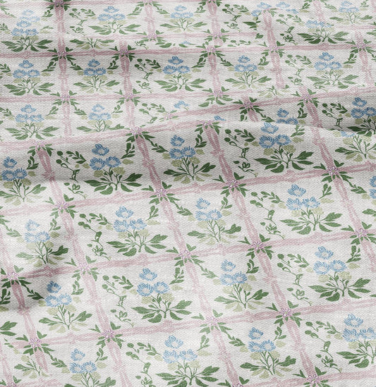 100% LINEN Fabric block green blue pink on white - linen fabric with botanical print - linen fabric for upholstery home decor dress making