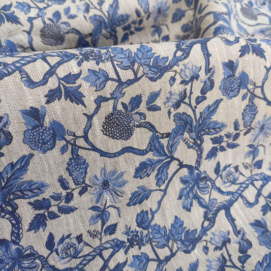100% LINEN Fabric french blue block print on oatmeal natur linen, floral toile de jouy fabric, French linen floral upholstery 337