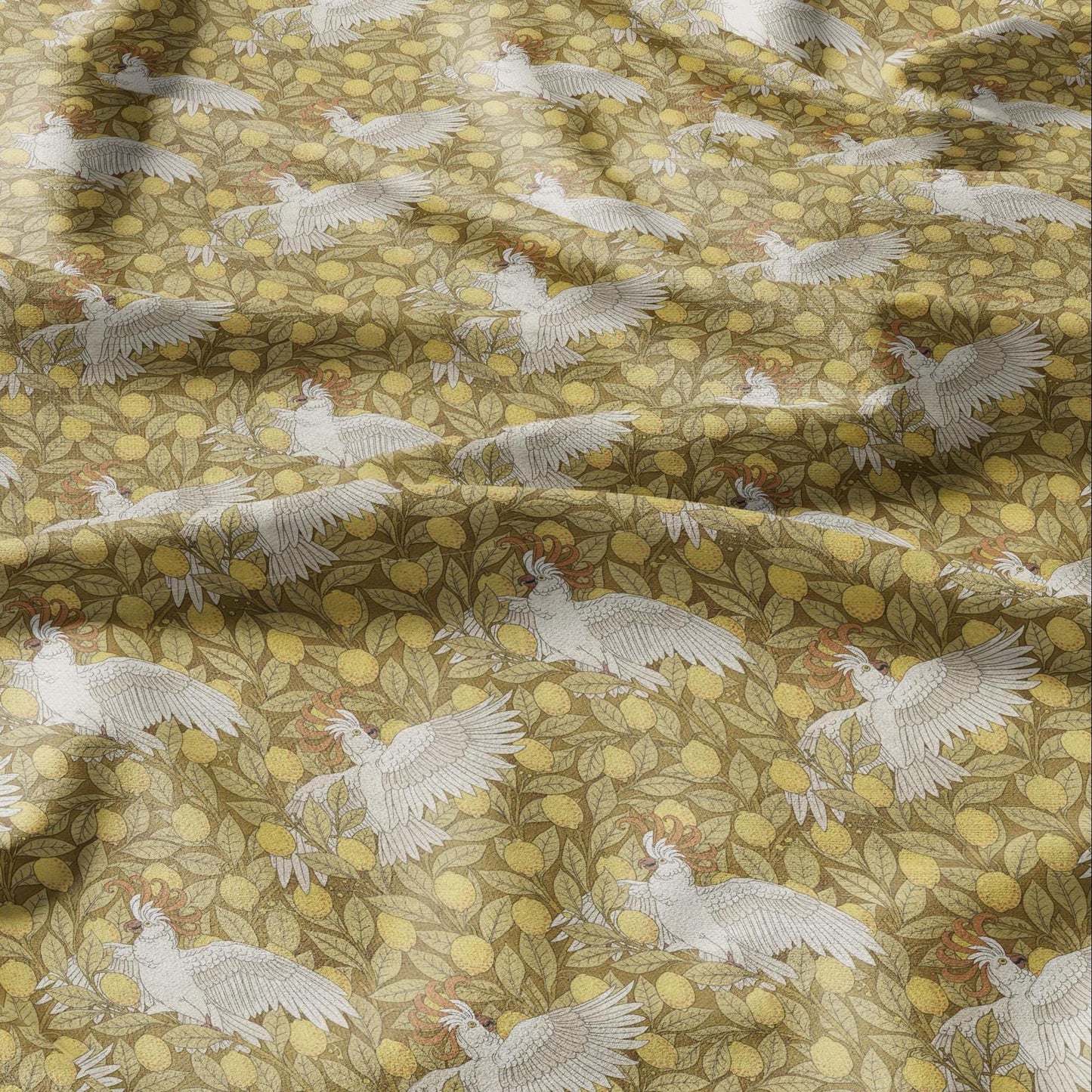 100% linen Vintage Cockatoos fabric for Curtain Upholstery Cushion - yellow white print fabric for dress making sewing
