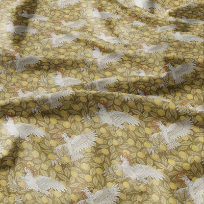 100% linen Vintage Cockatoos fabric for Curtain Upholstery Cushion - yellow white print fabric for dress making sewing