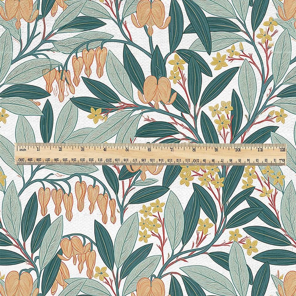 100% linen fabric Bleeding Hearts print - Vintage modern floral botanical pattern 3391