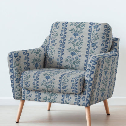 100% LINEN Fabric UPHOLSTERY 12oz -  Blue green stripe on natural taupe grey linen - Modern vintage Grandmillenial floral upholstery 2153