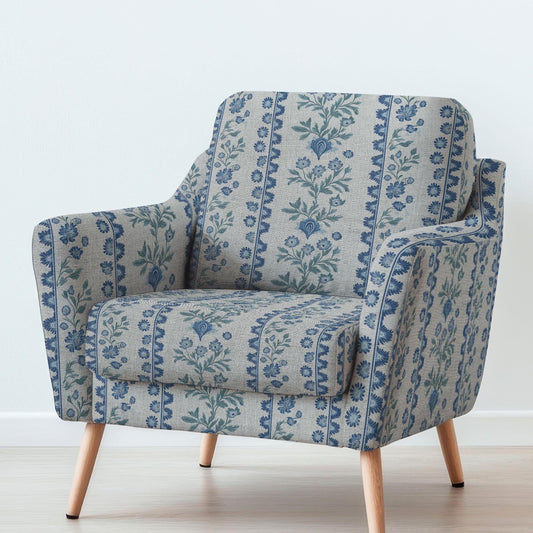 100% LINEN Fabric UPHOLSTERY 12oz -  Blue green stripe on natural taupe grey linen - Modern vintage Grandmillenial floral upholstery 2153